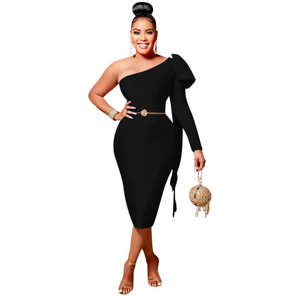 Women One Shoulder Skew Neck Bow Splicing One Long Sleeve Bodycon Midi Dress 2022 Sexy Party Prom Evenging Summer Dresses