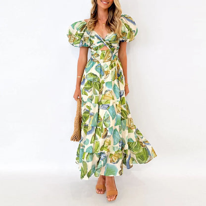 Summer V Neck Cutout Floral Print Dresses Elegant Women Puff Short Sleeve Casual Dress Pleated Waisted Swing Beach Long Dress 2026