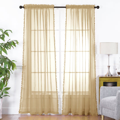 Elegant Comfort Set of 2 Pom Pom Tasseled Sheer Curtain - Rod Pocket