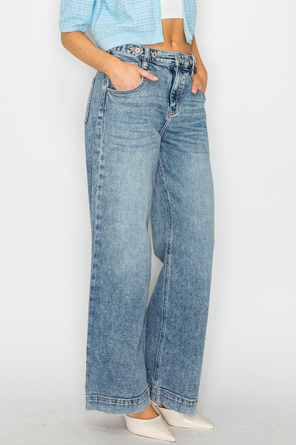 Adjustable Waistband High Rise Baggy Wide Jeans