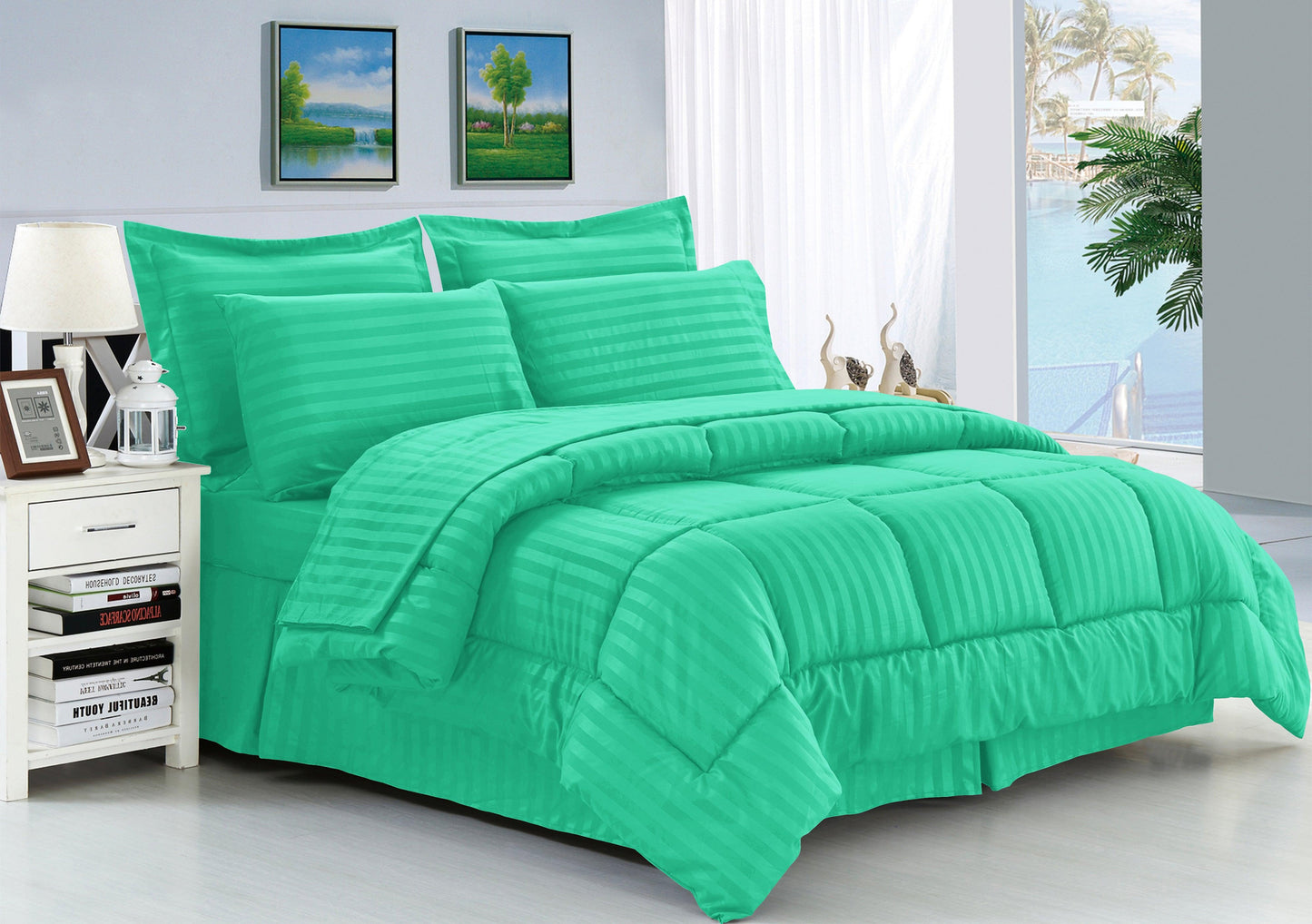 Elegant Comfort 8-Piece Dobby Stripe Comforter Set - Includes 4-Piece Sheet Set with Double Sided Storage Pockets