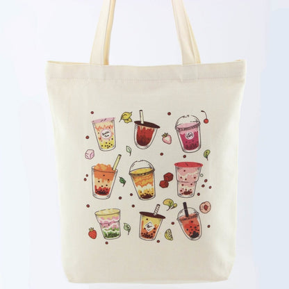 Boba Tea Tote Bag – Cream Canvas with Keychain & Enamel Pin