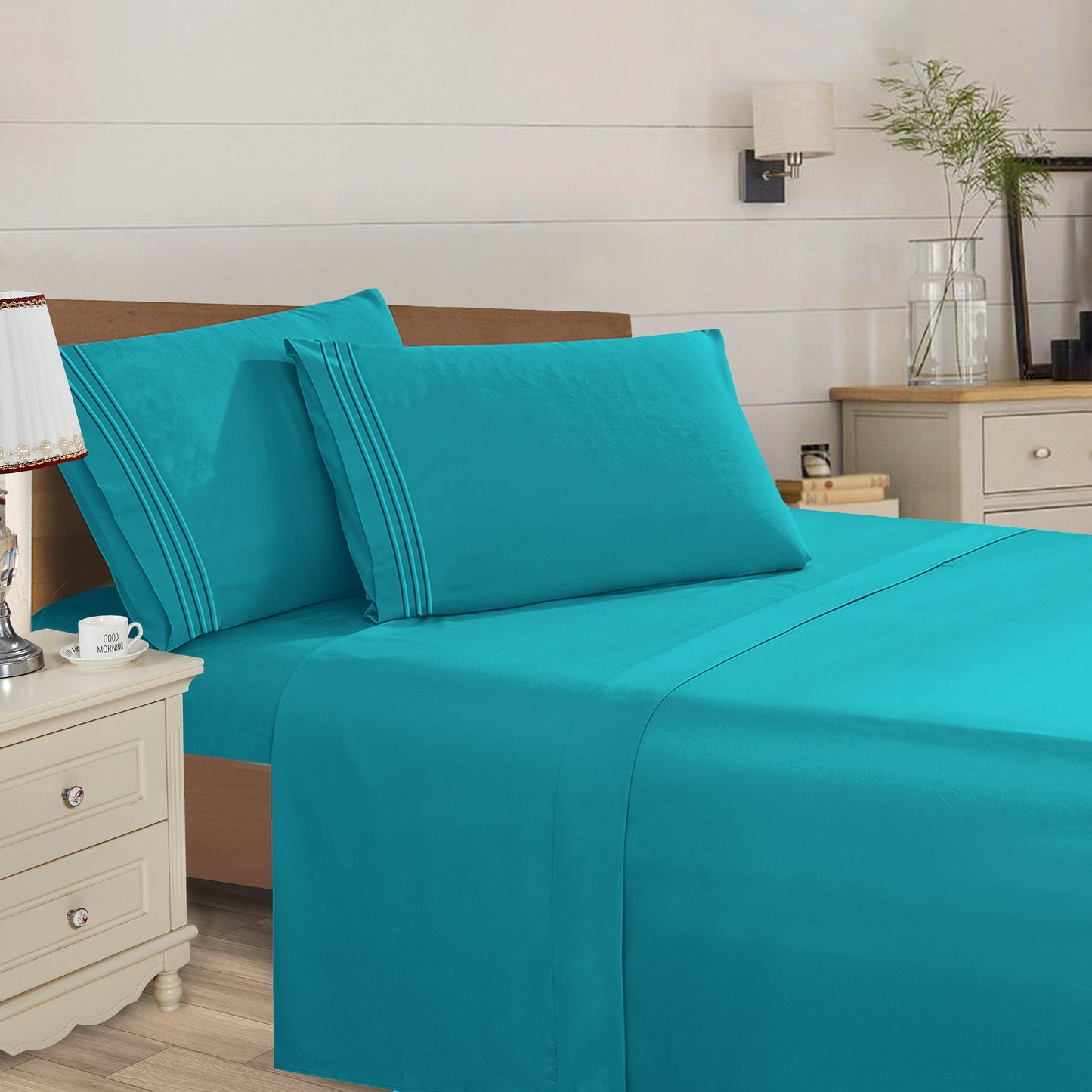 Elegant Comfort Essential 4-Piece 3-Line Embroidery Sheet Set, Soft as a Hotel Premium Quality,  Moody Shades