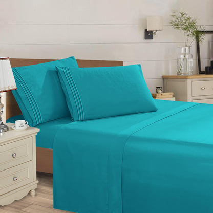 Elegant Comfort Essential 4-Piece 3-Line Embroidery Sheet Set, Soft as a Hotel Premium Quality,  Moody Shades