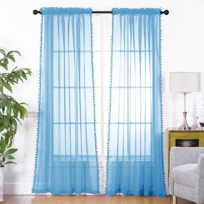 Elegant Comfort Set of 2 Pom Pom Tasseled Sheer Curtain - Rod Pocket