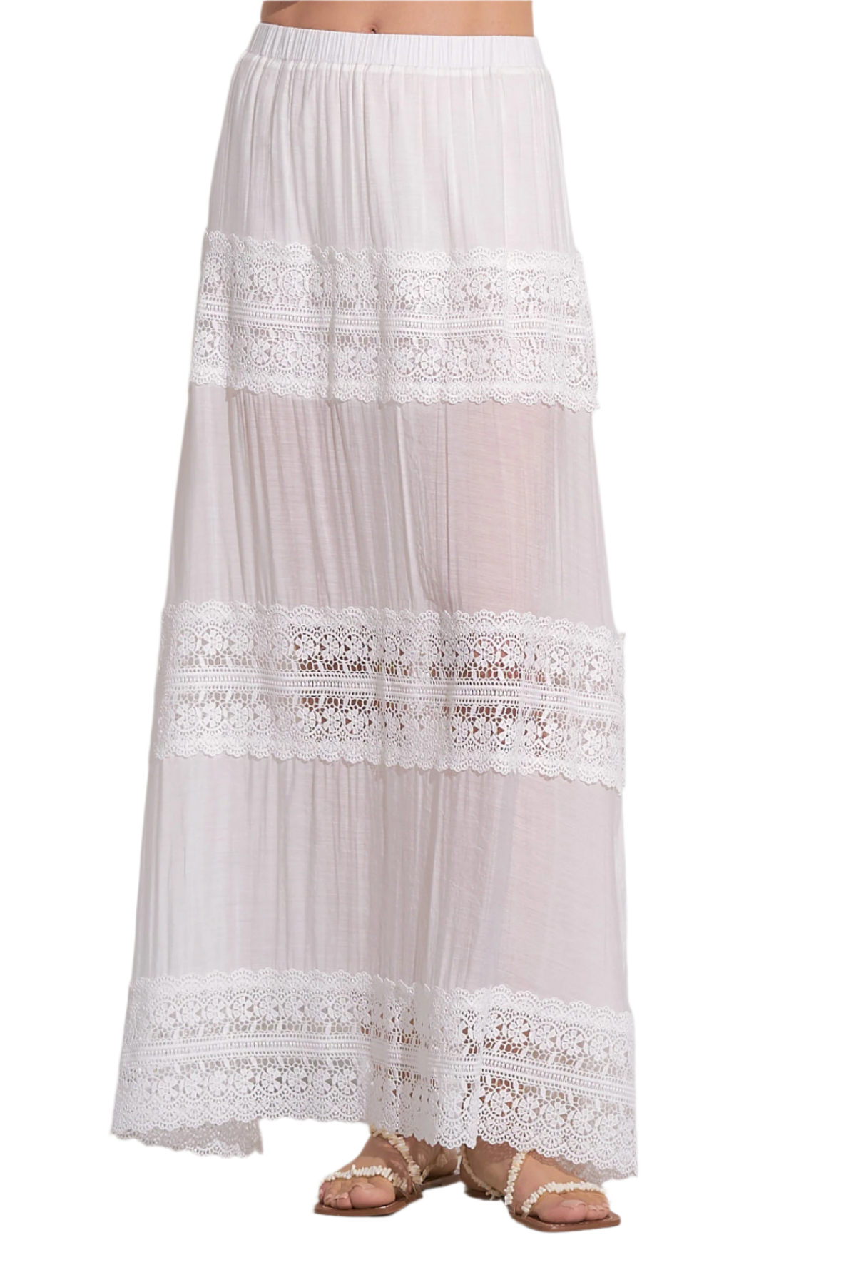 Elan Crochet Inset Tiered Maxi Skirt - White - FINAL SALE
