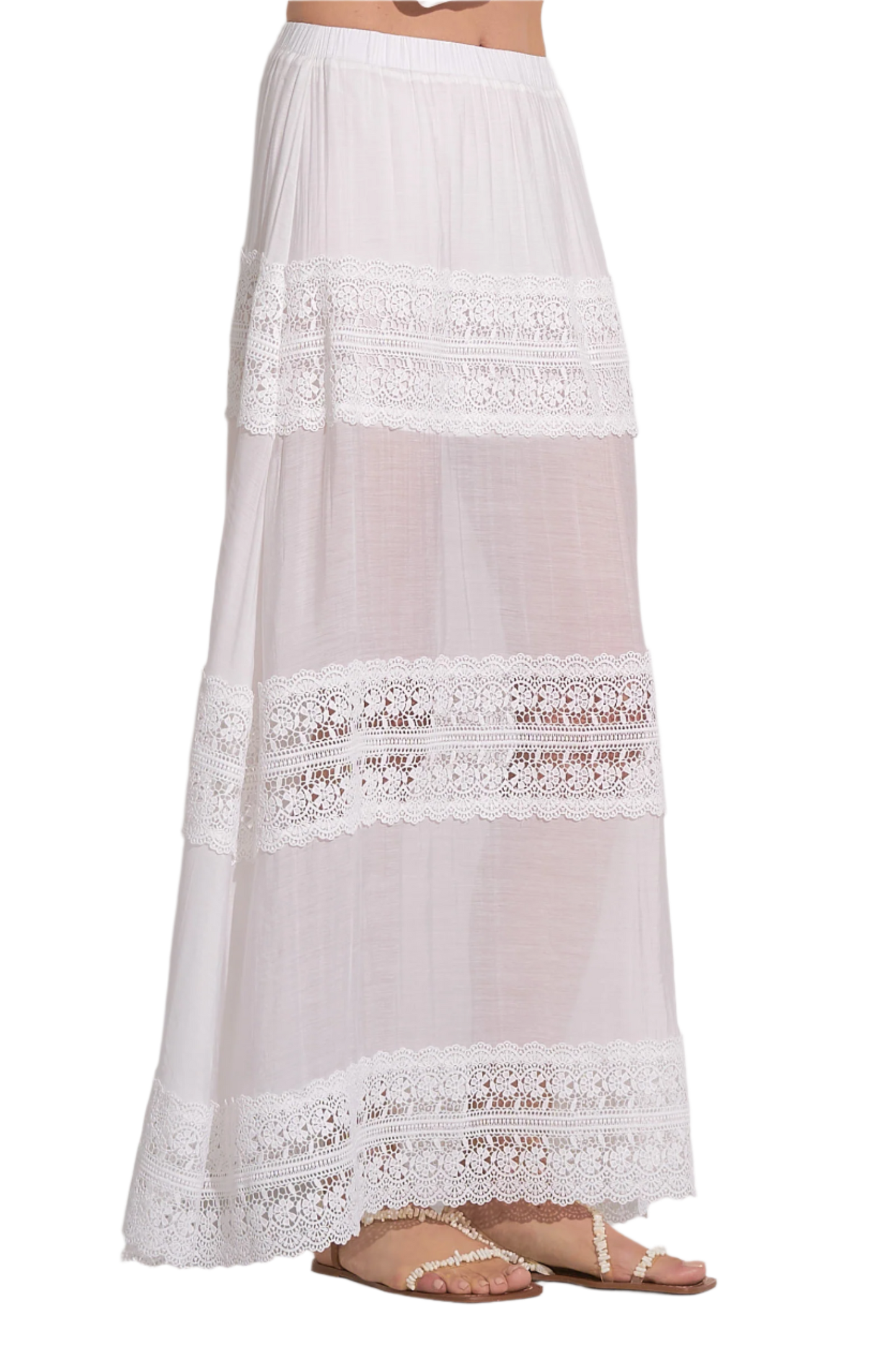 Elan Crochet Inset Tiered Maxi Skirt - White - FINAL SALE