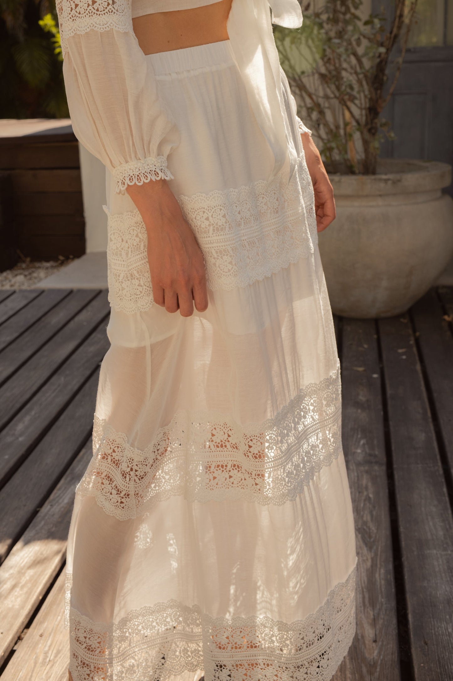 Elan Crochet Inset Tiered Maxi Skirt - White - FINAL SALE