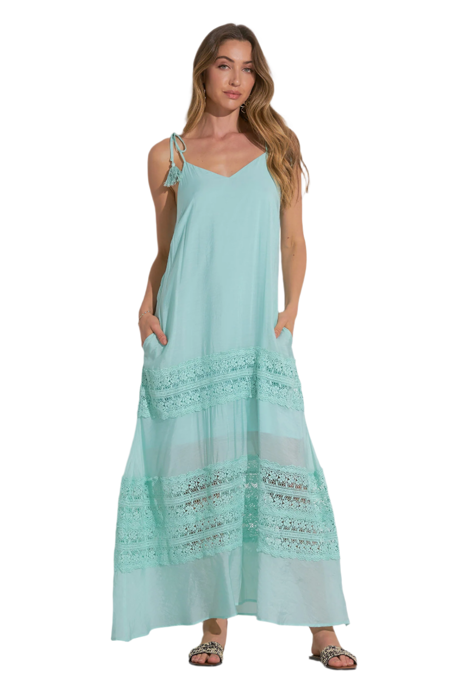 Elan Tiered Crochet Inset Maxi Dress - Aqua - FINAL SALE