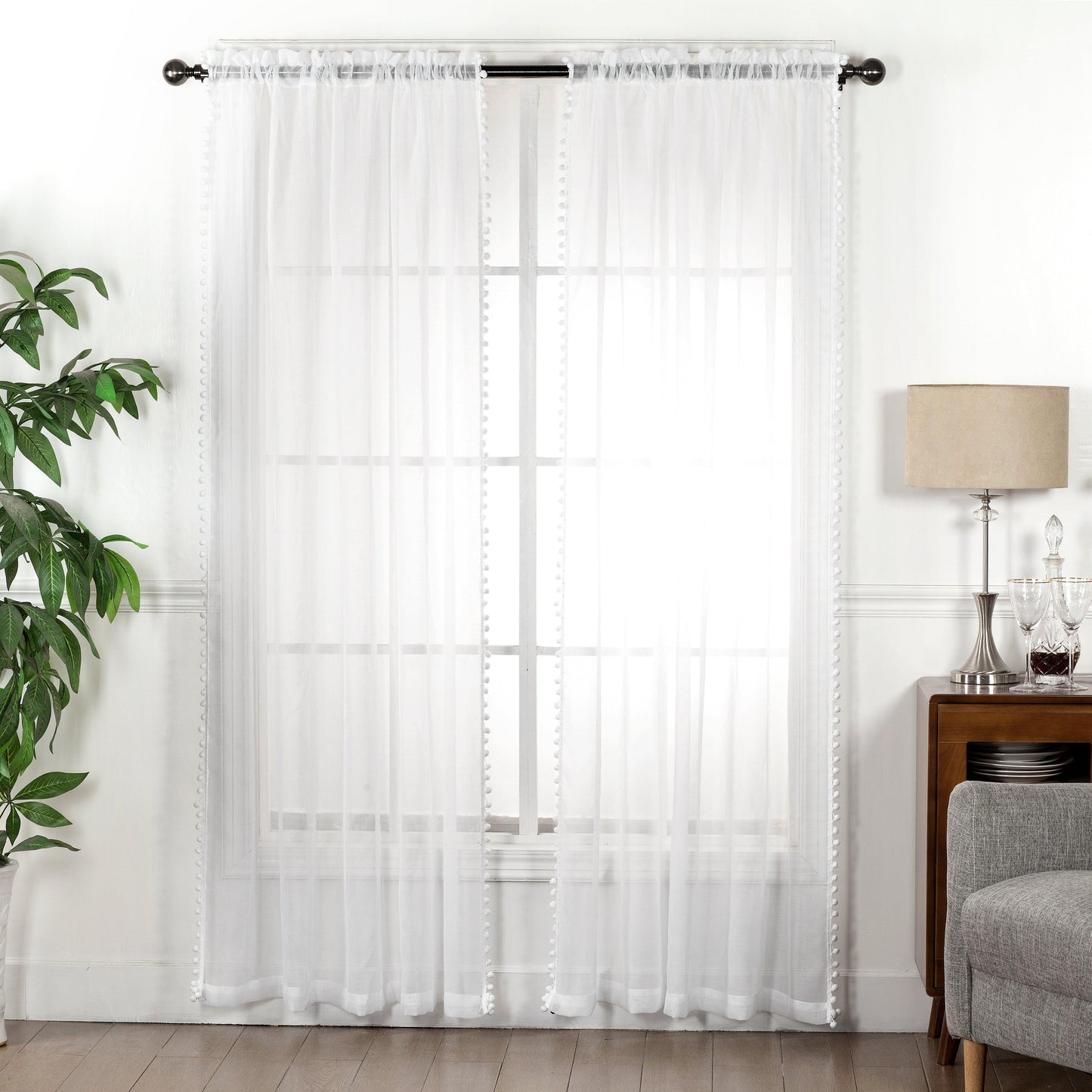 Elegant Comfort Set of 2 Pom Pom Tasseled Sheer Curtain - Rod Pocket