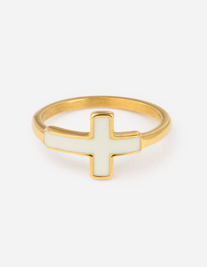 Elevated Faith White Enamel Cross Ring