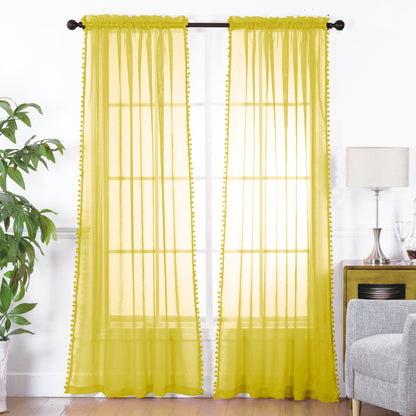 Elegant Comfort Set of 2 Pom Pom Tasseled Sheer Curtain - Rod Pocket