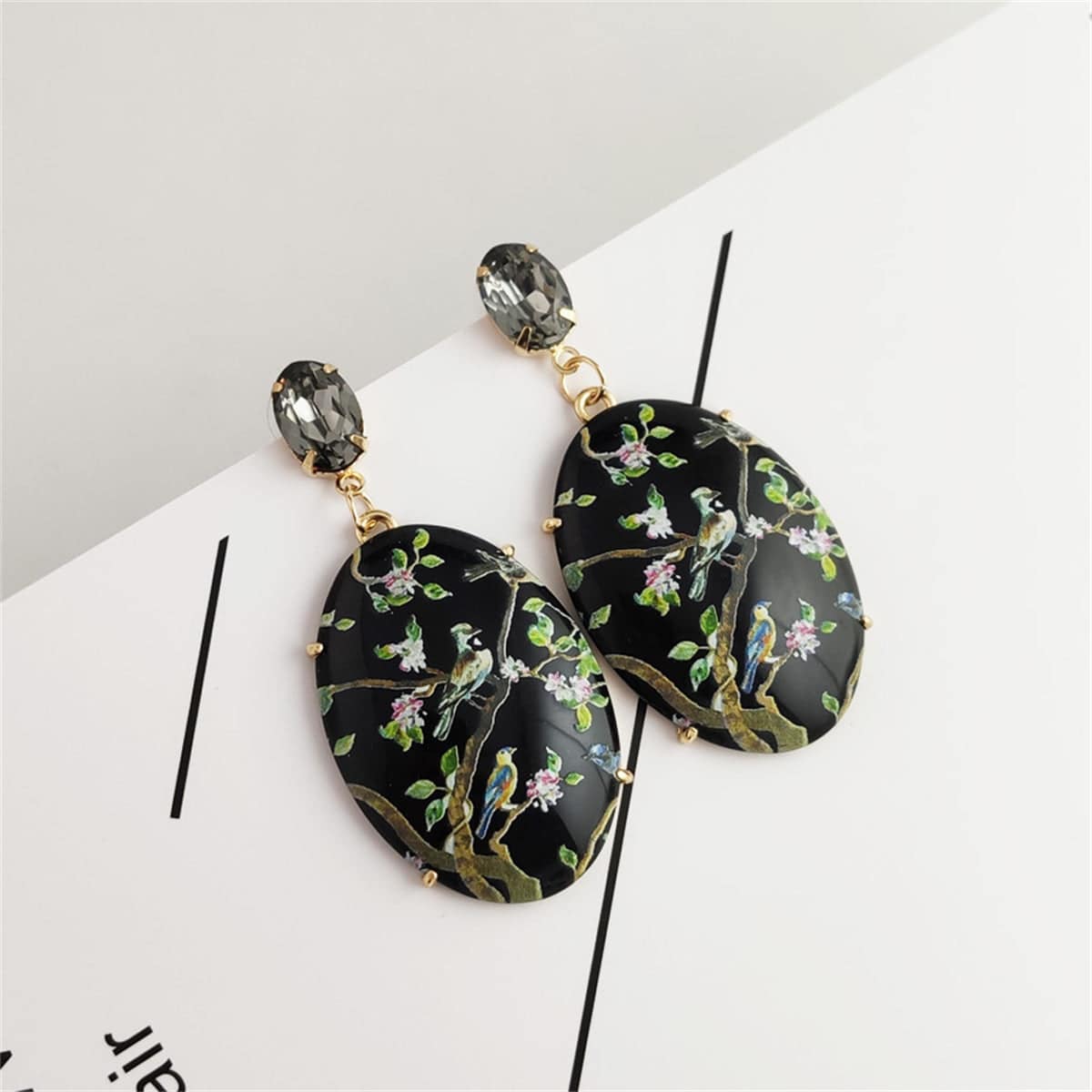 Black Crystal & Goldtone Bird Branch Oval Drop Earrings