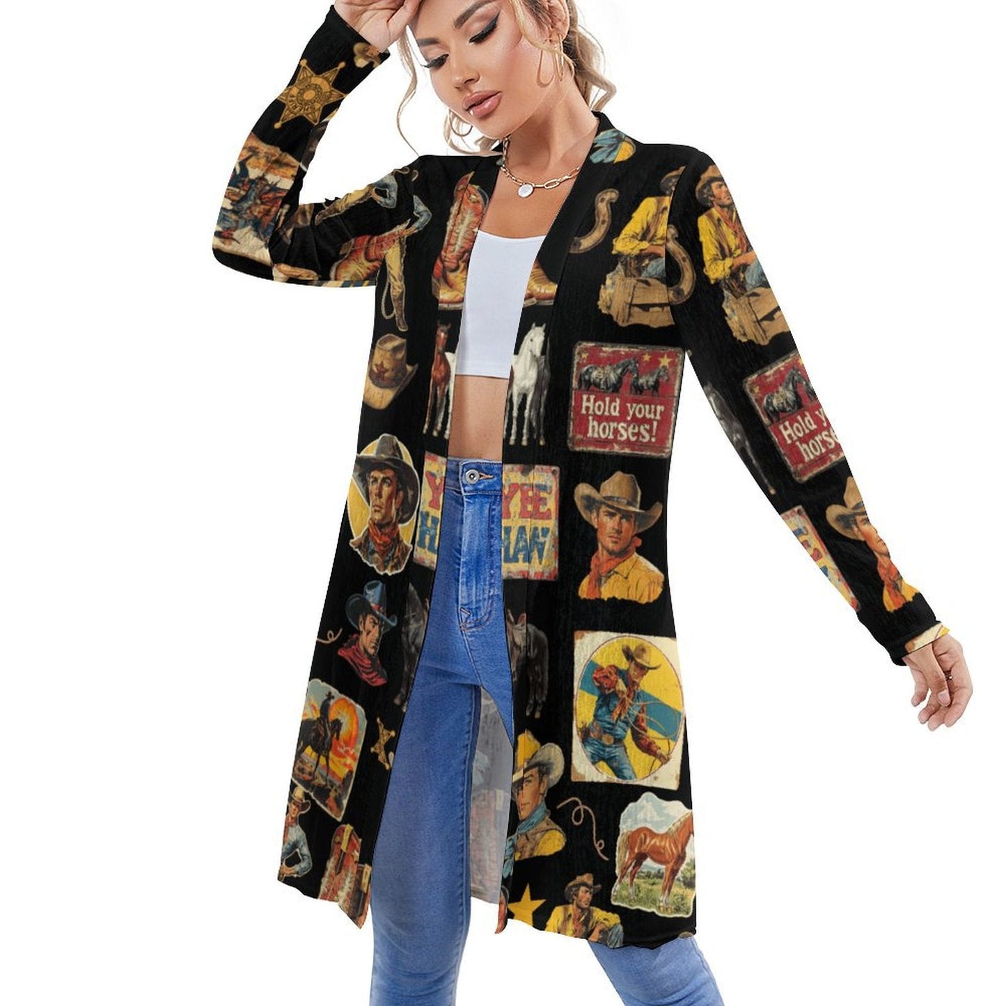Baha Ranch Vintage Cowboy Collage Western Lightweight Cardigan