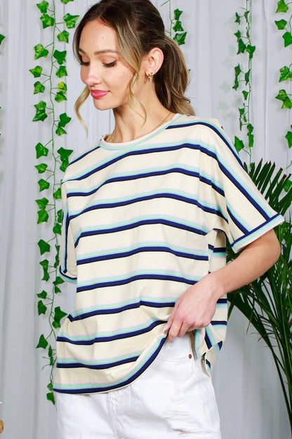 Bethany Crew Neck Roll-Up Sleeve Multi Strip Cotton Knit Top
