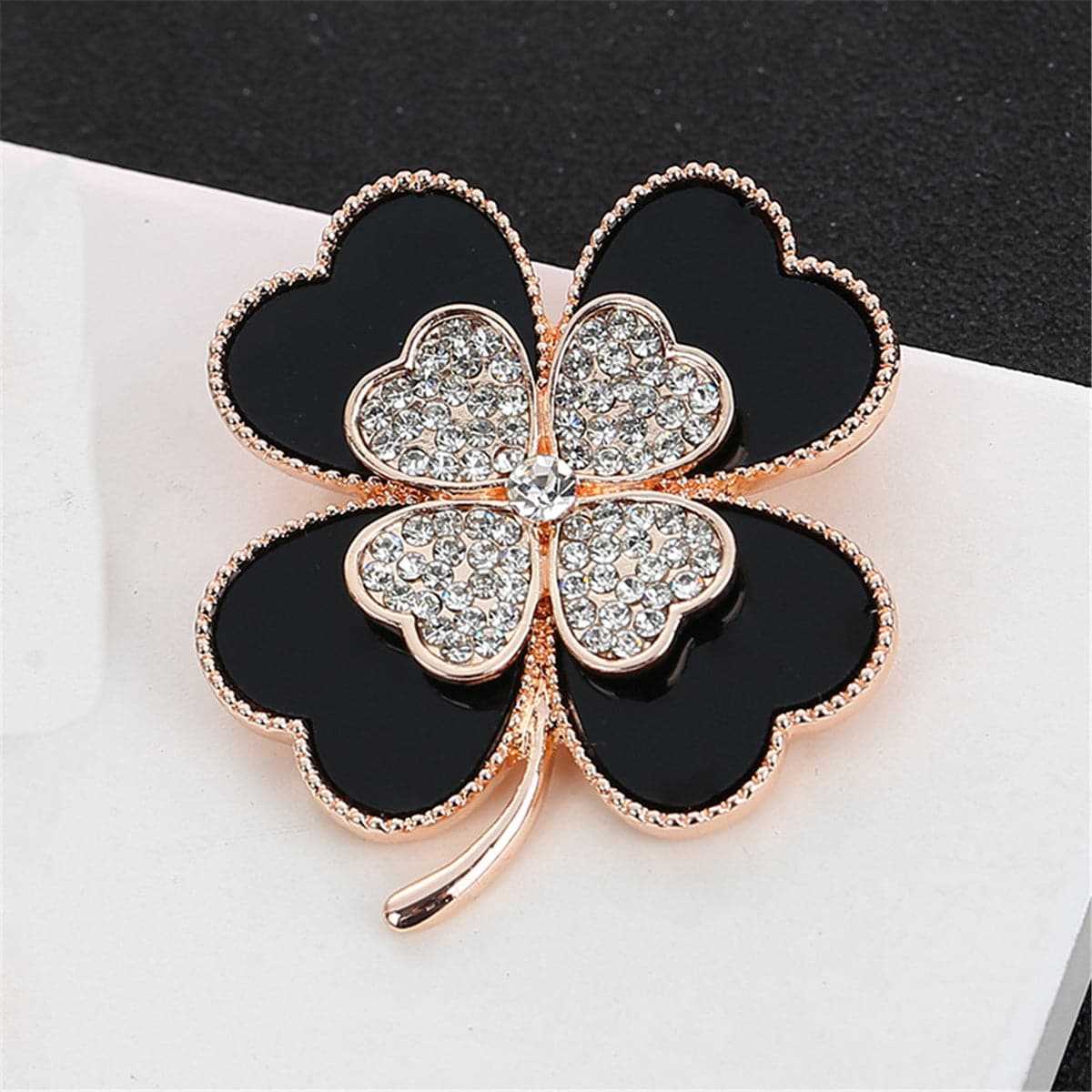 Black & Cubic Zirconia Clover Brooch