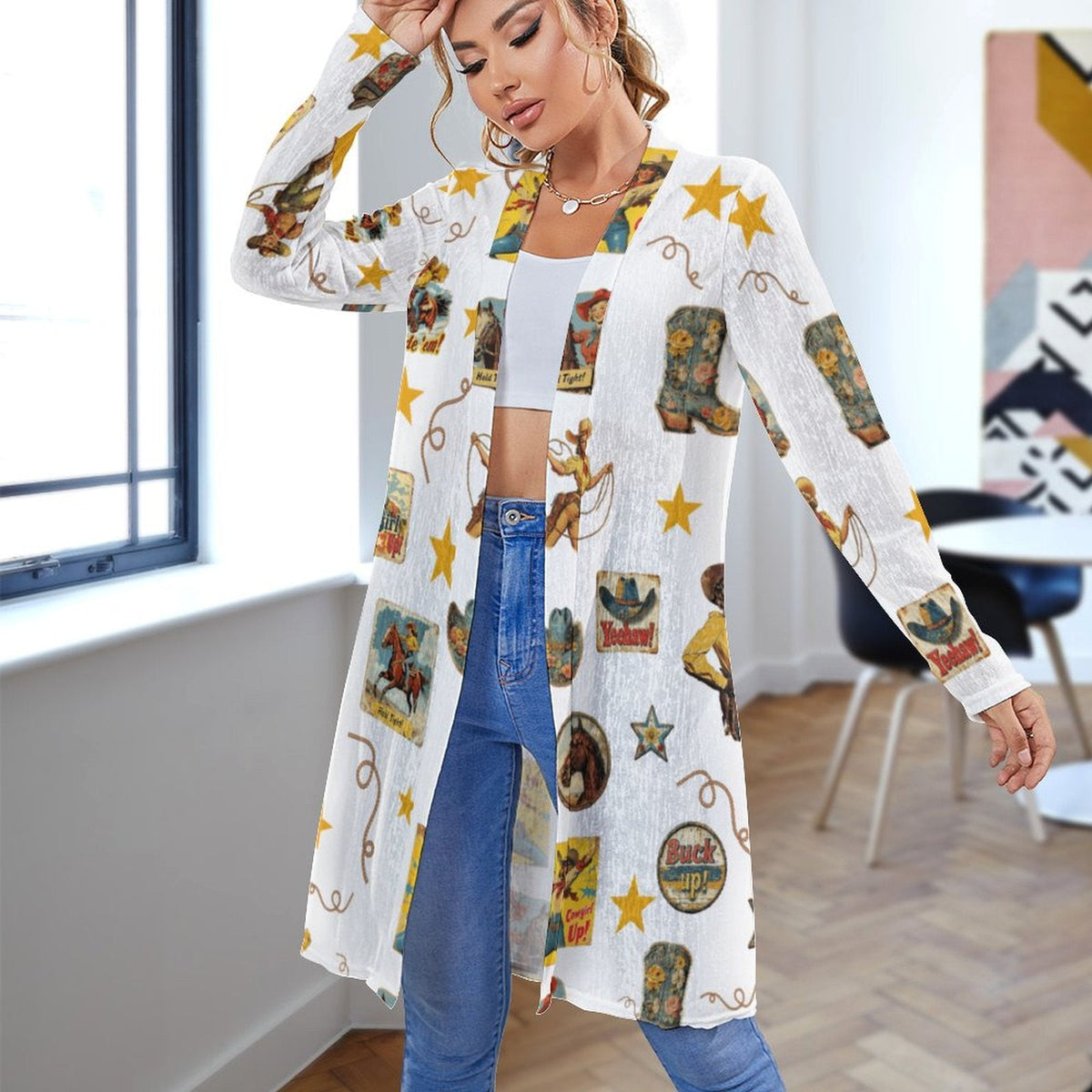 Baha Ranch Vintage Cowgirl Collage Western Lightweight Cardigan