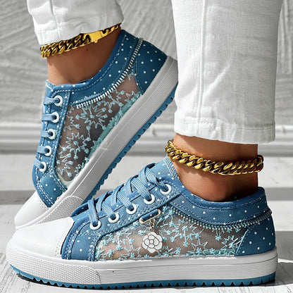 Floral Embroidered Polka Dot Print Sneakers — Women’s Casual Canvas Shoes