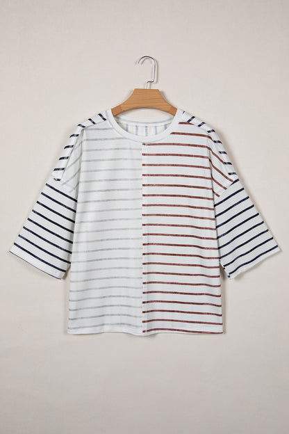 Danna Stripe Colorblock 3/4 Sleeve Loose T Shirt