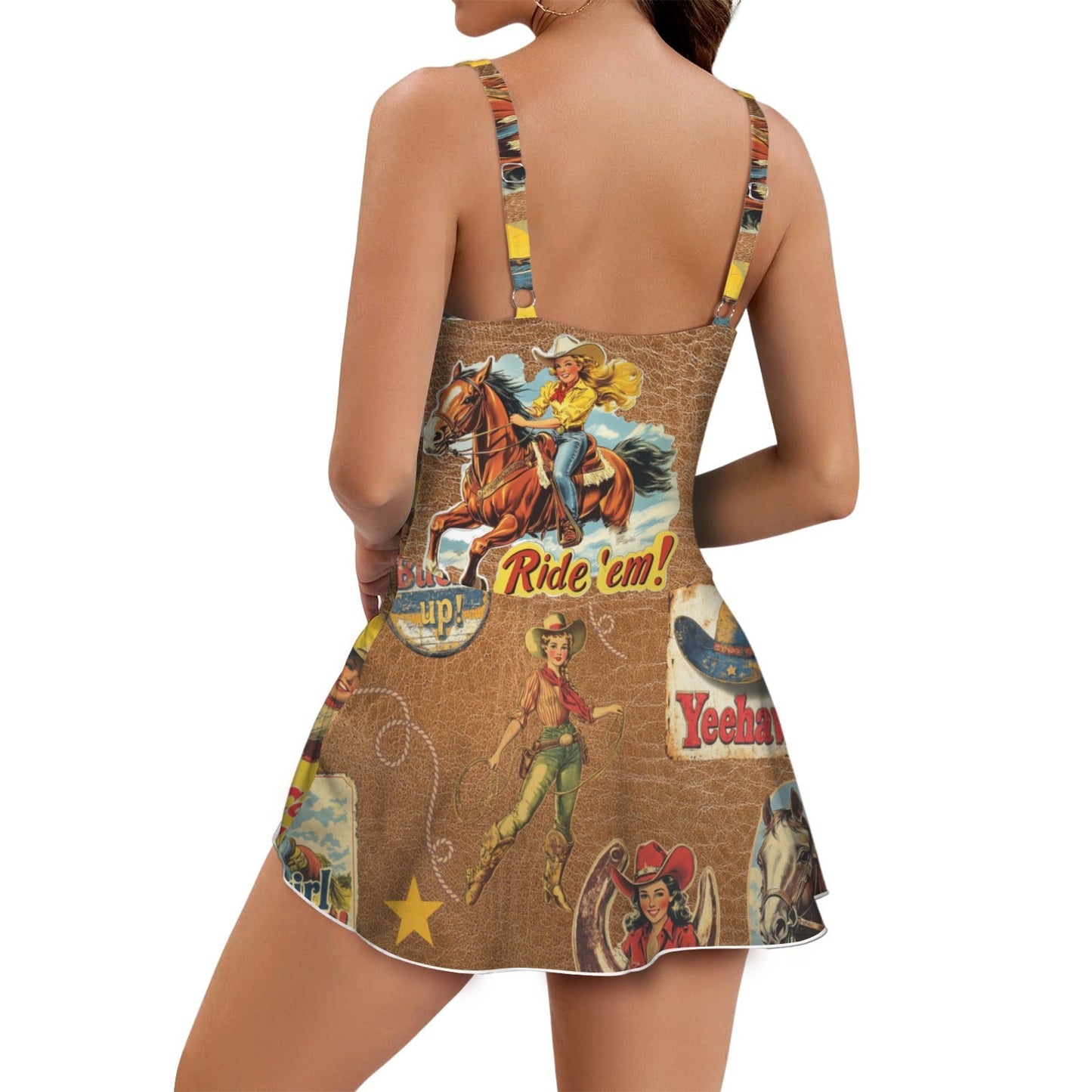 Baha Ranch Vintage Cowgirl Collage Skirted Swim Suit