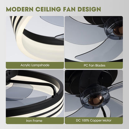 20 Inch Black Flush Mount Ceiling Fan With Lights And Remote by ShipItFurniture