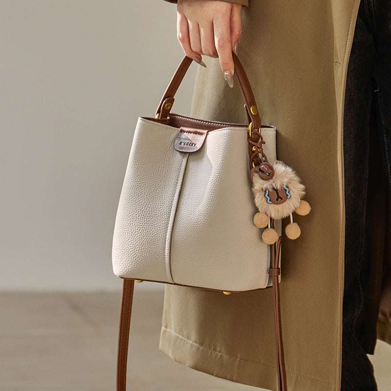 Colorblock Leather Bucket Shoulder Bag