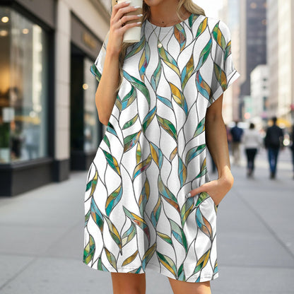 Floral Print Loose Pocket Dress | Round Neck Short Sleeve