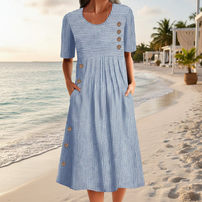 Button-Down Swing Maxi Dress – Short Sleeve Pocket Pullover Long Dress