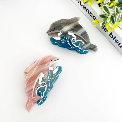 SSR Acetate Joyful Playful Jumping Dolphin & Waves Hair Claw Clip - Pink