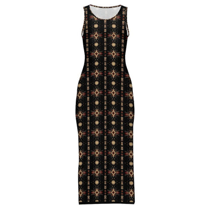 Baha Ranch Black and Tan Aztec Sleeveless Bodycon Side Slit Maxi Dress