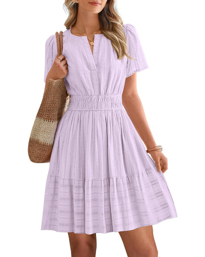 Women's V-Neck Elastic Waist Tiered Mini Dress