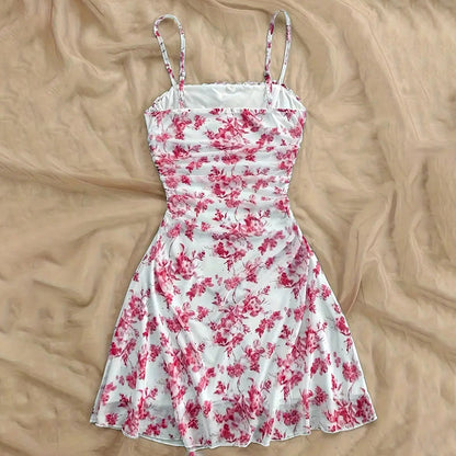 Boho Floral Spaghetti Strap Mini Dress – Ruched Ruffle Hem Vacation Sundress