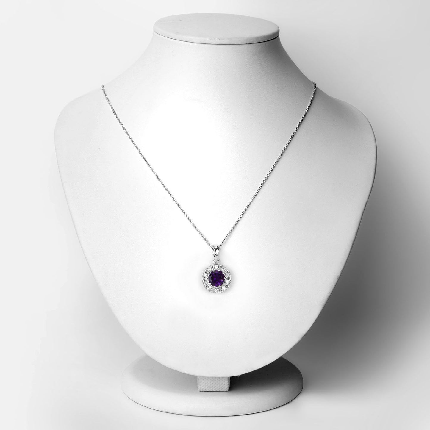 Genuine Amethyst and Lab Diamond Silver Halo Necklace