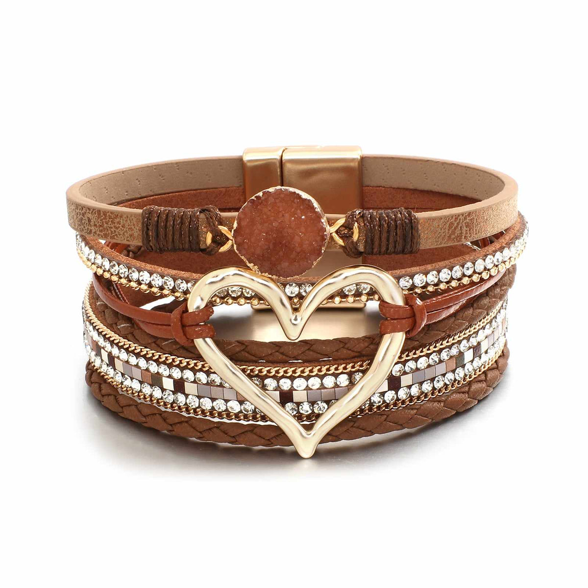 Brown Faux Leather Heart Multi-strand Bracelet