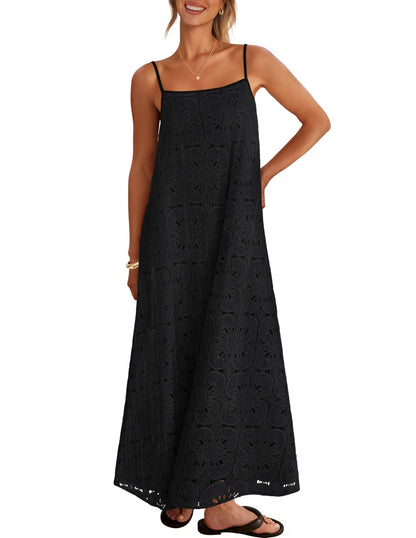 2026 Casual Sleeveless Floral Lace Eyelet Boho Beach Maxi Dress