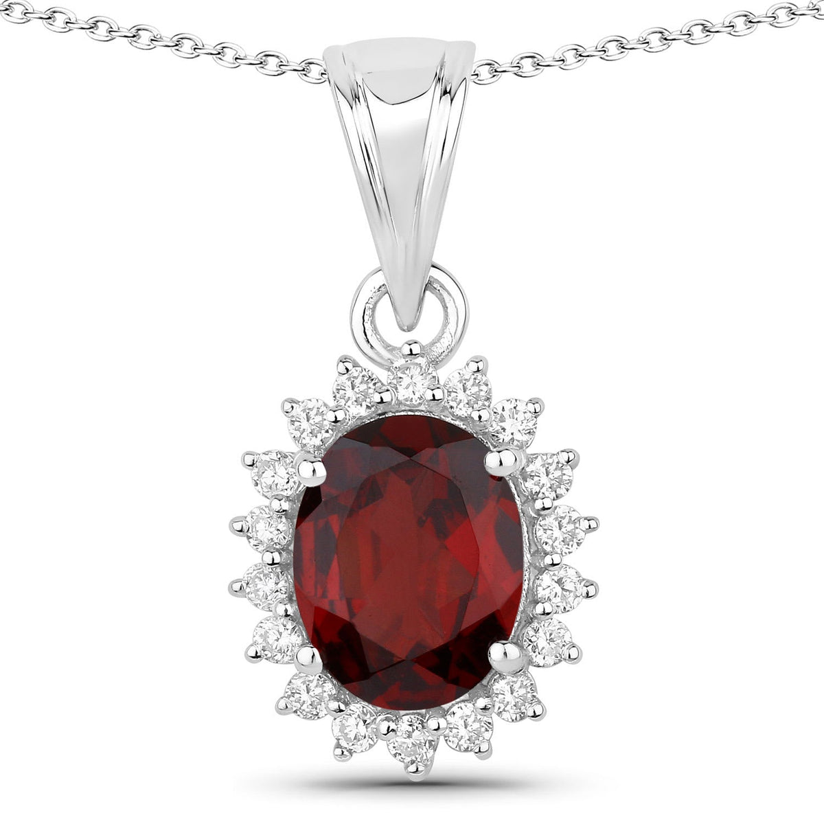 Genuine Mozambique Garnet and Lab Diamond Silver Halo Necklace
