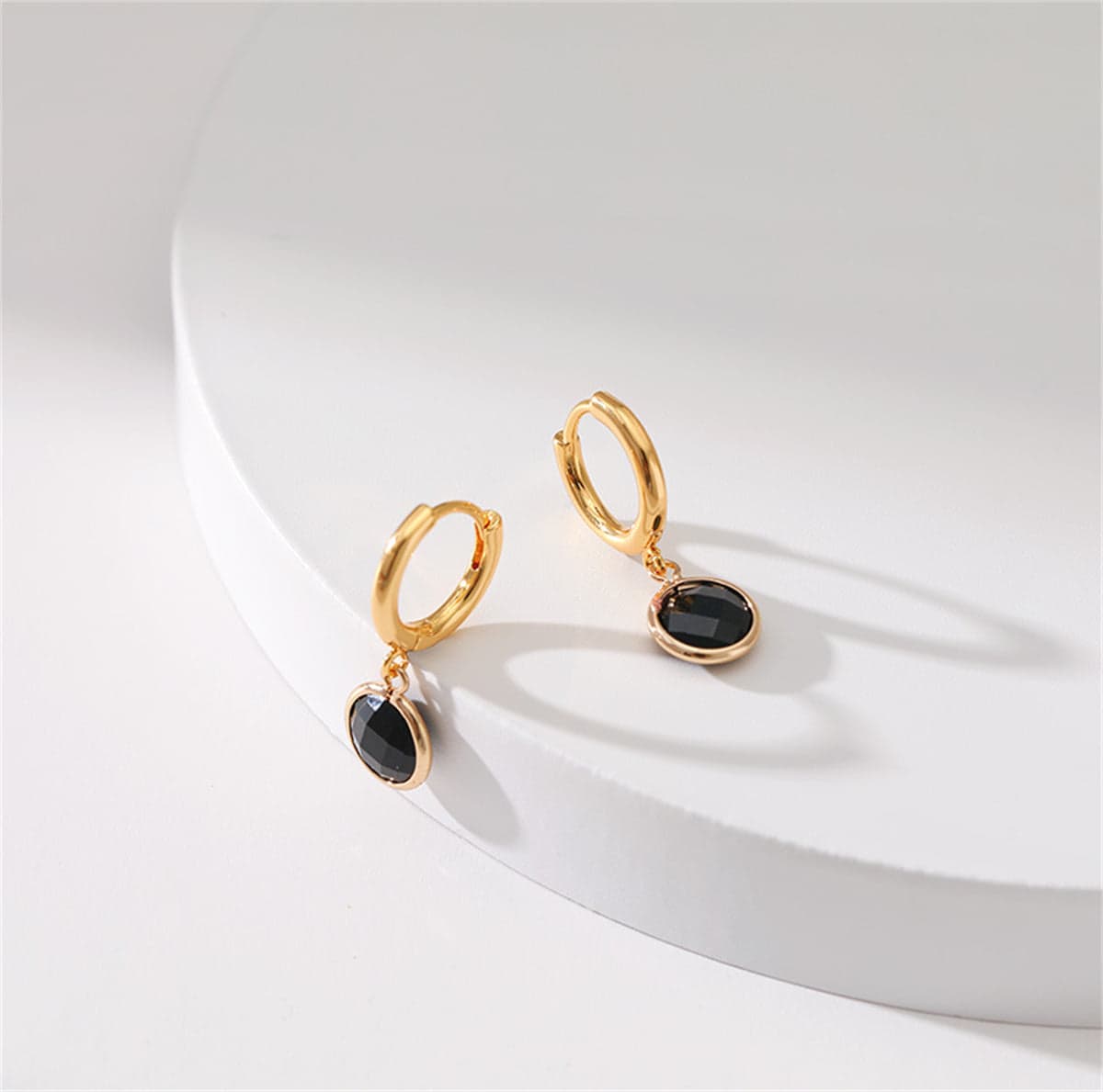 Black Crystal & Goldtone Round Huggie Earrings