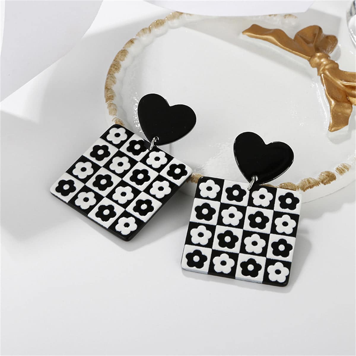 Black Acrylic Heart & Flower Earrings