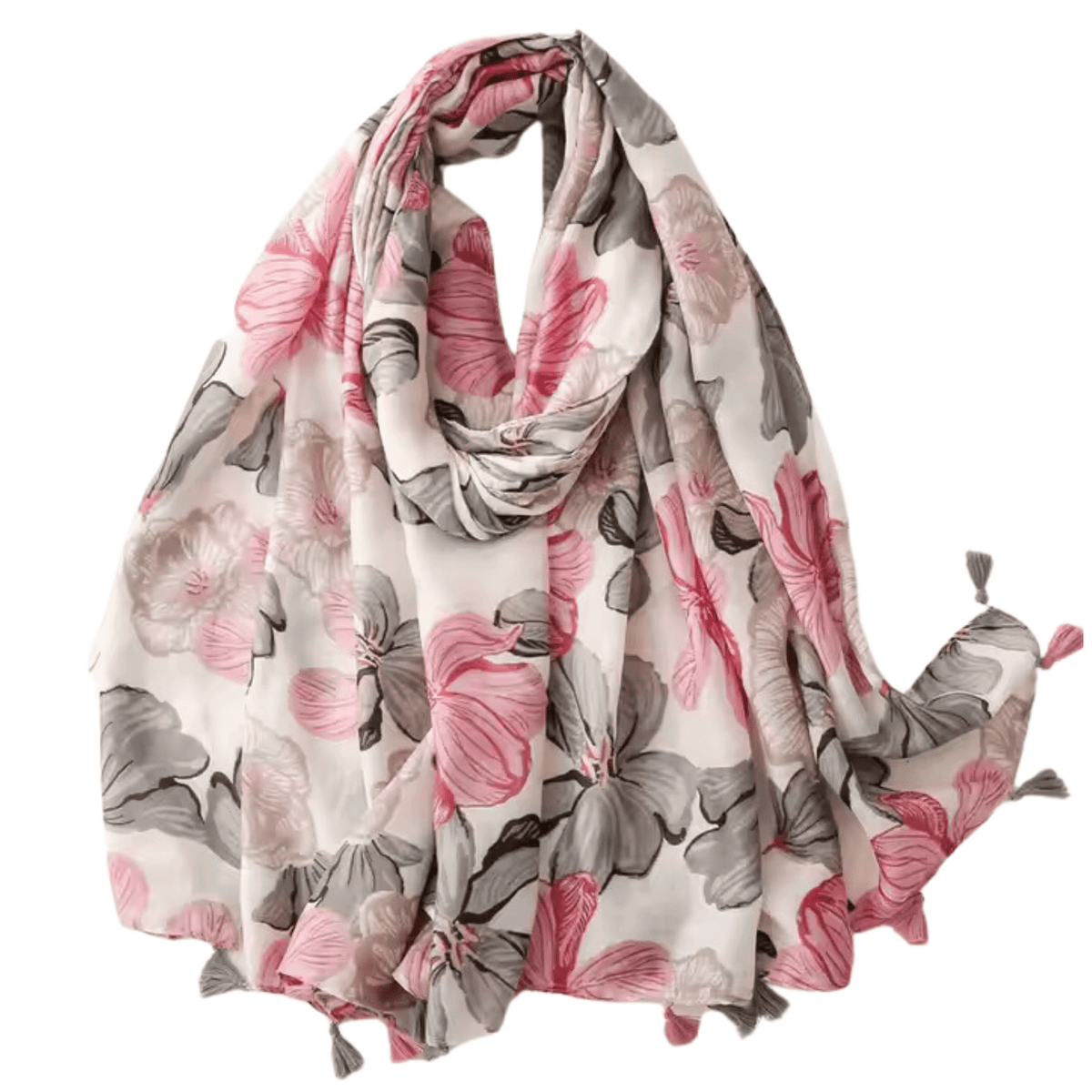 Delicate Pink and Grey Floral Print Tassel Scarf