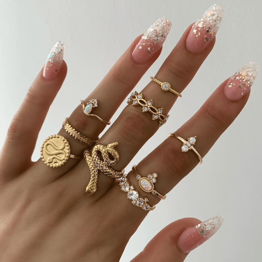 Goldtone Crystal Ring Set With Snakes