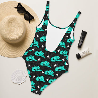 Baha Ranch Yeehaw Turquoise Hat One-Piece Swimsuit