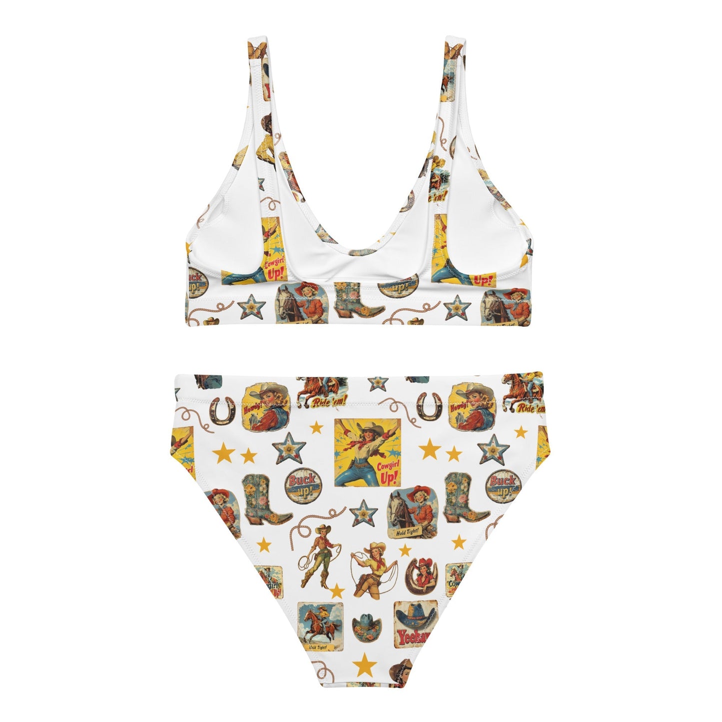 Baha Ranch Yeehaw Vintage Cowgirl Collage White Bikini