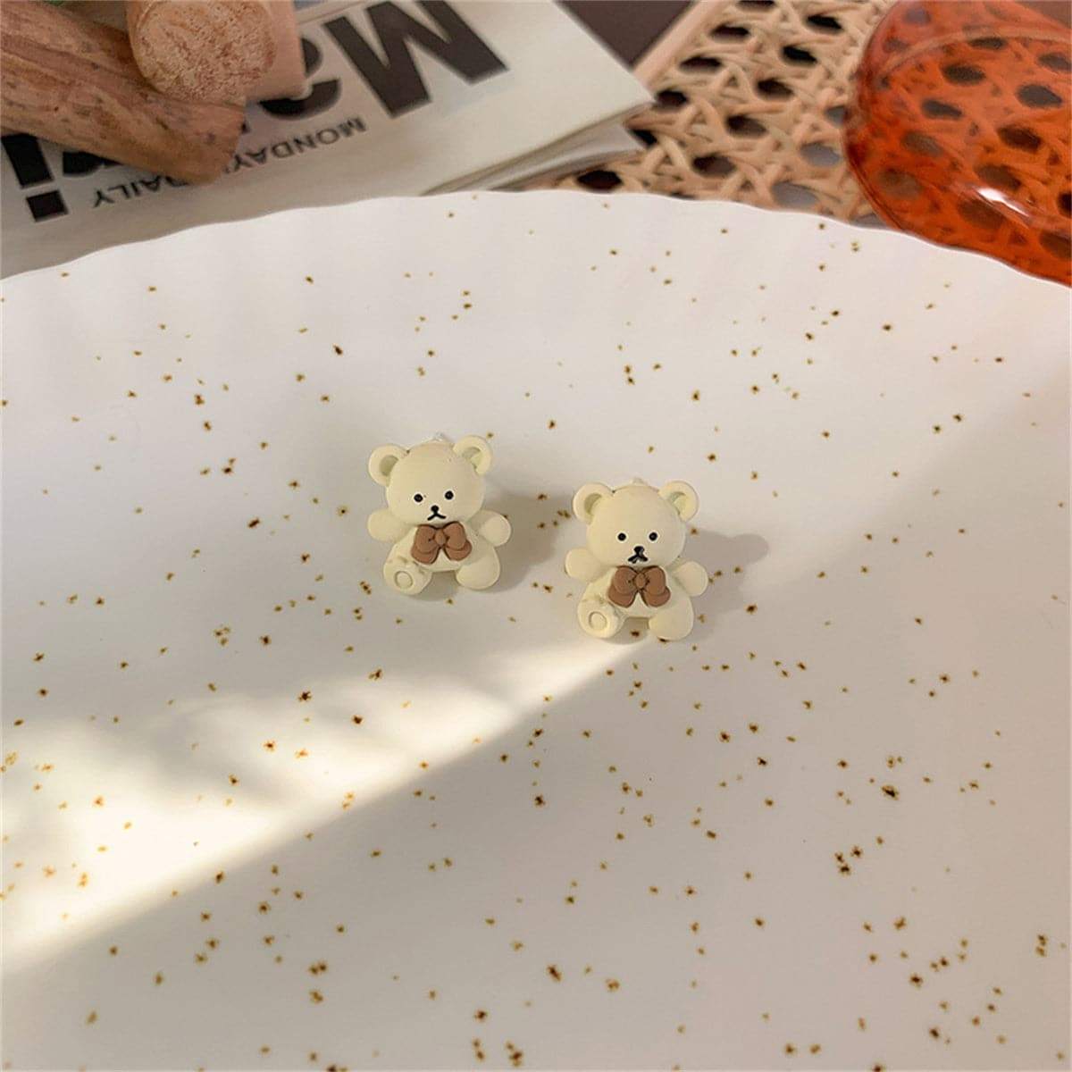 Beige & Silvertone Bear Stud Earrings