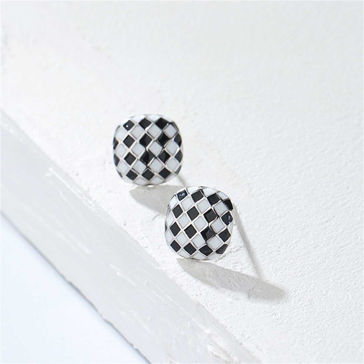 Black & White Silvertone Checkerboard Square Stud Earrings