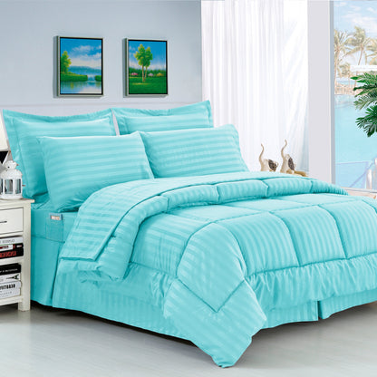 Elegant Comfort 8-Piece Dobby Stripe Comforter Set - Includes 4-Piece Sheet Set with Double Sided Storage Pockets