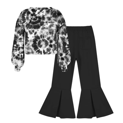 Black & White Tie-Dye Print Bishop-Sleeve Top & Flare Pants