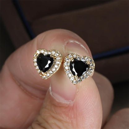 Black Crystal & Cubic Zirconia Goldtone Halo Heart Stud Earrings
