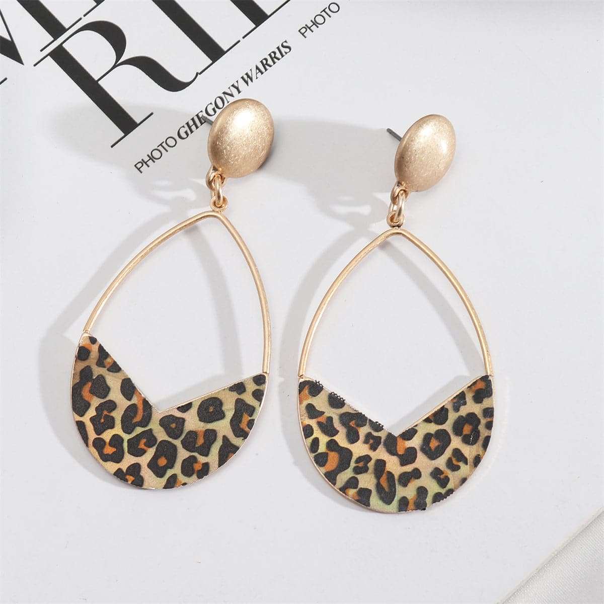 Beige & Black Polystyrene Leopard Open Teardrop Earrings