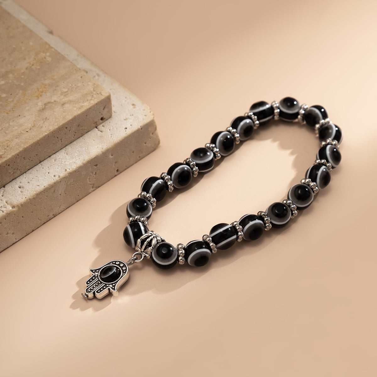 Black Acrylic & Silvertone Evil Eye Hamsa Charm Bracelet