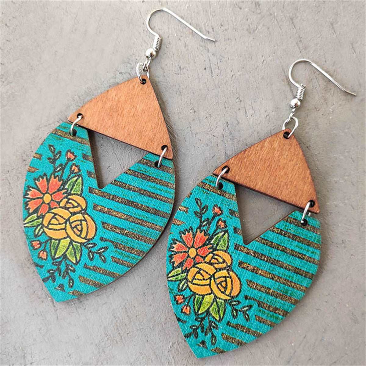 Blue Wood & Silvertone Stripped Floral Drop Earrings